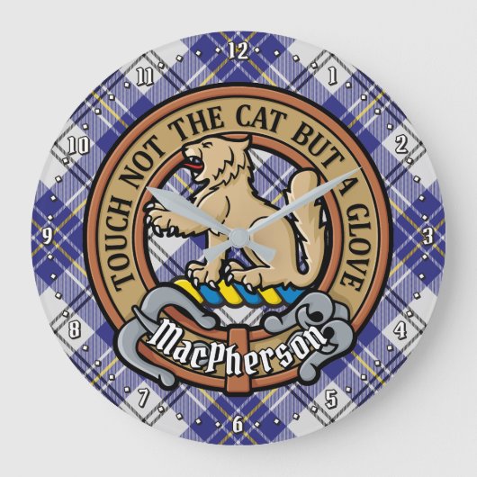Clan MacPherson Wappen über Blue Dress Tartan Große Wanduhr (Vorderseite)