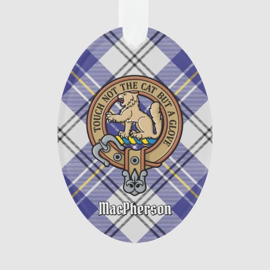 Clan MacPherson Wappen über Blue Dress Tartan Ornament (Vorderseite)