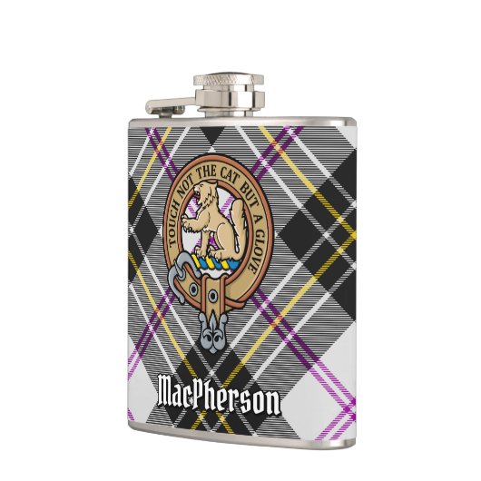 Clan MacPherson Wappen über Dress Tartan Flachmann (Links)