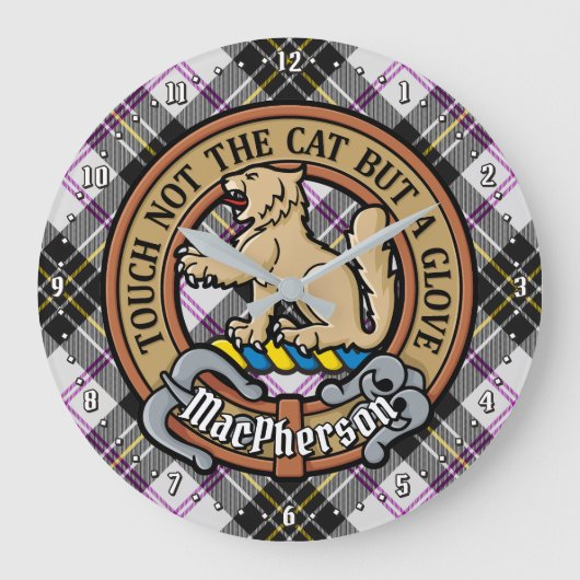 Clan MacPherson Wappen über Dress Tartan Große Wanduhr (Vorderseite)