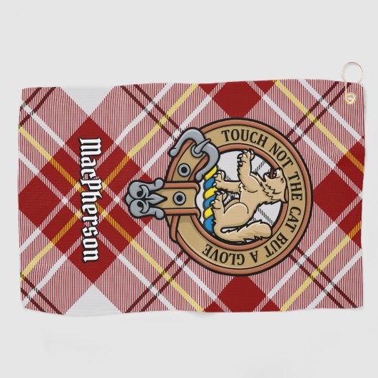 Clan MacPherson Wappen über Red Dress Tartan Golfhandtuch (Horizontal)