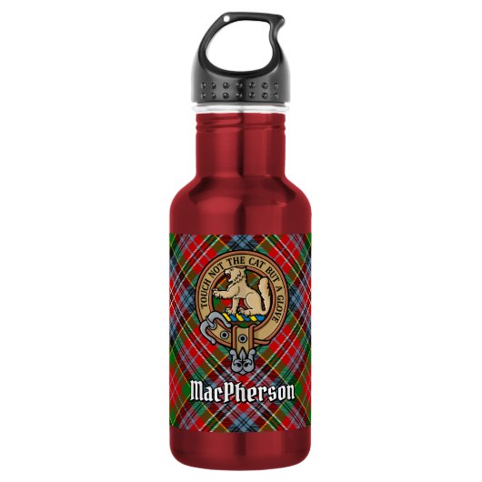 Clan MacPherson Wappen über Tartan Edelstahlflasche (Vorderseite)