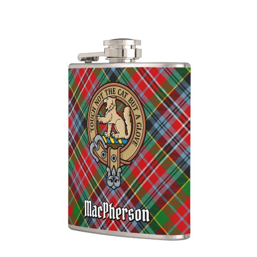 Clan MacPherson Wappen über Tartan Flachmann (Links)