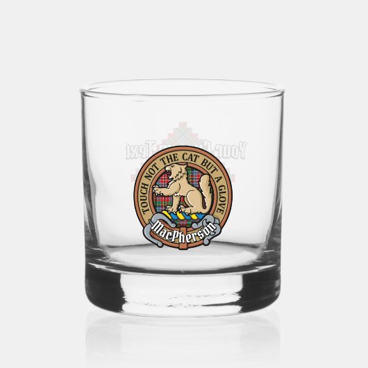 Clan MacPherson Wappen über Tartan Whiskyglas (Vorderseite)