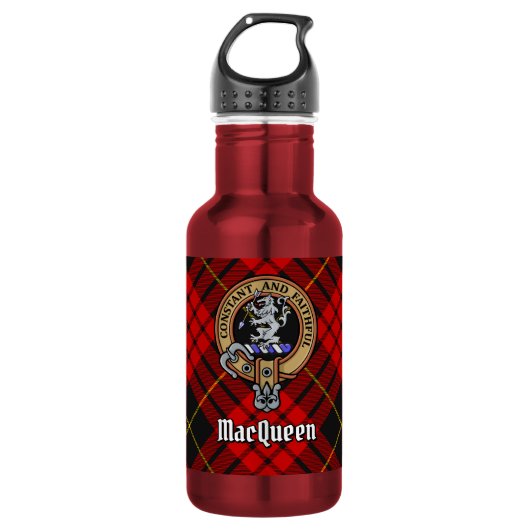 Clan MacQueen Crest über Tartan Edelstahlflasche (Vorderseite)