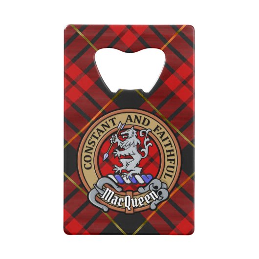 Clan MacQueen Crest über Tartan Geldbeutel Flaschenöffner (Vorderseite)