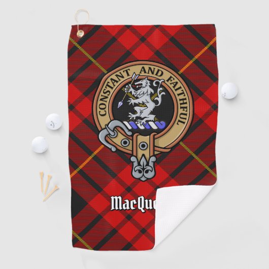 Clan MacQueen Crest über Tartan Golfhandtuch (Insitu)