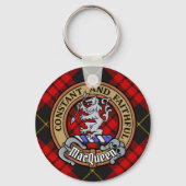 Clan MacQueen Crest über Tartan Schlüsselanhänger (Vorderseite)