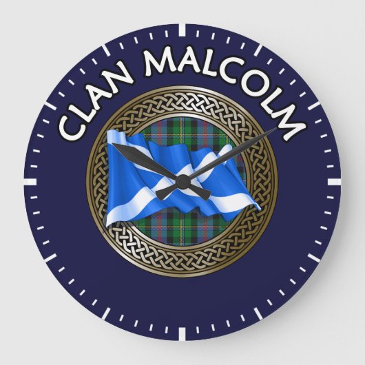 Clan Malcolm Tartan Knot & Flag Große Wanduhr (Vorderseite)