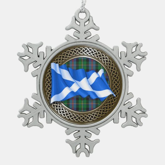 Clan Malcolm Tartan Knot & Flag Schneeflocken Zinn-Ornament (Vorderseite)