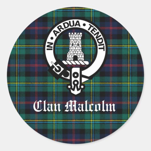 Clan Malcolm Wappen Abzeichen und Tartan Runder Aufkleber (Vorderseite)