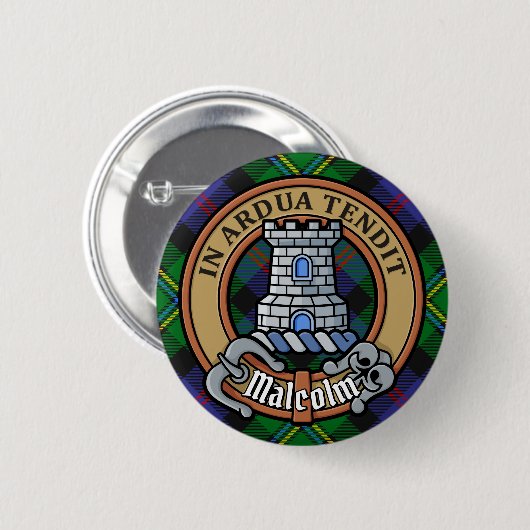 Clan Malcolm-Wappen über Tartan Button (Vorne & Hinten)