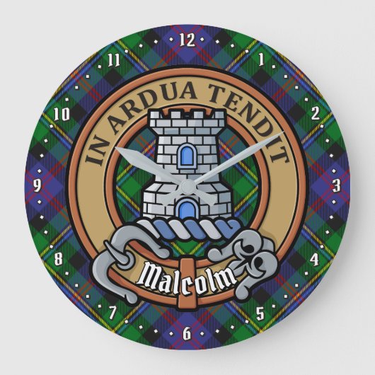 Clan Malcolm-Wappen über Tartan Große Wanduhr (Vorderseite)