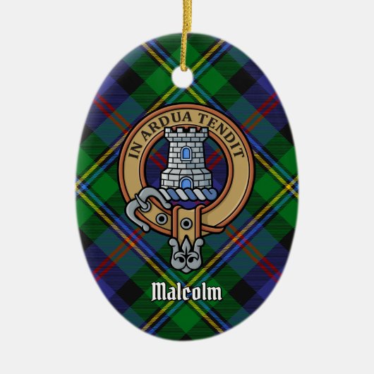 Clan Malcolm-Wappen über Tartan Keramik Ornament (Vorne)