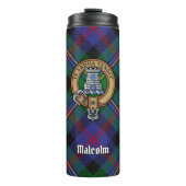 Clan Malcolm-Wappen über Tartan Thermosbecher (Vorderseite)