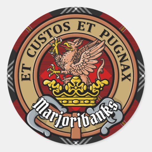 Clan Marjoribanks Wappen über Tartan Runder Aufkleber (Vorderseite)