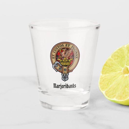 Clan Marjoribanks Wappen über Tartan Schnapsglas (Vorderseite)
