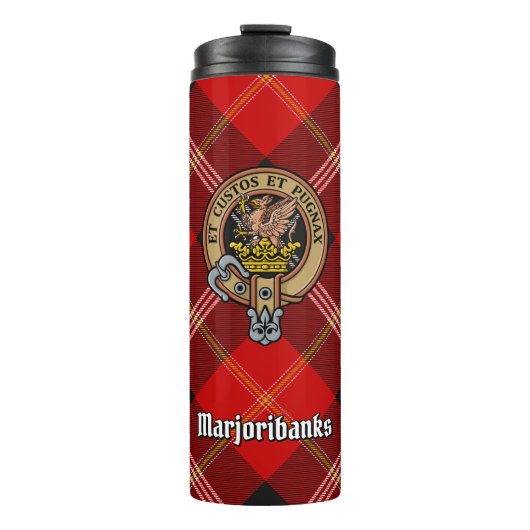 Clan Marjoribanks Wappen über Tartan Thermosbecher (Vorderseite)
