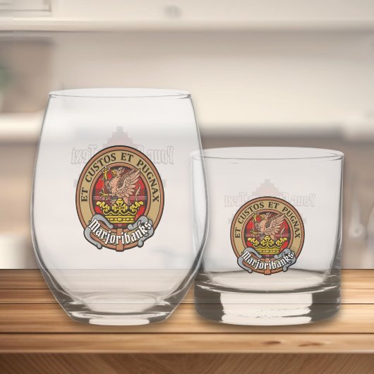 Clan Marjoribanks Wappen über Tartan Whiskyglas