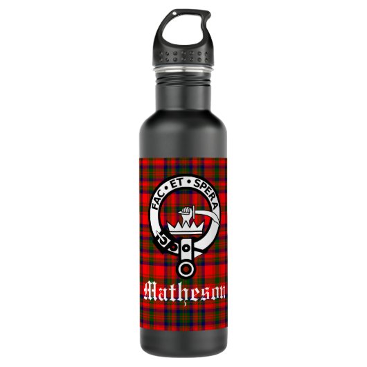 Clan Matheson Wappen Abzeichen und Tartan Edelstahlflasche (Vorderseite)