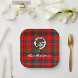 Clan Matheson Wappen Abzeichen und Tartan Pappteller