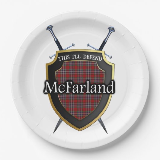 Clan McFarland Tartan-Schild u. Schwerter Pappteller (Vorderseite)