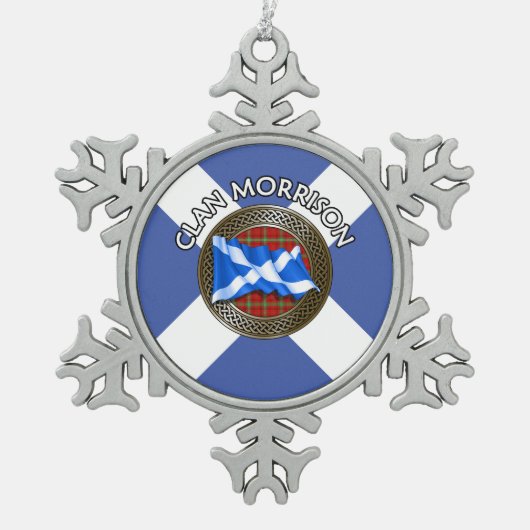 Clan Morrison Tartan Knot & Flag Schneeflocken Zinn-Ornament (Vorderseite)