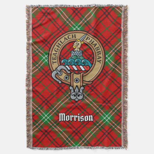 Clan Morrison Wappen auf rotem Tartan Decke (Vorderseite Vertikal)