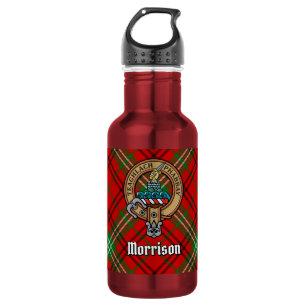 Clan Morrison-Wappen auf rotem Tartan Edelstahlflasche