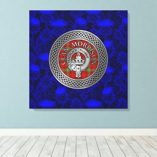 Clan Morrison Wappen & Tartan Knot on Thistle Leinwanddruck (Insitu (Holzboden))