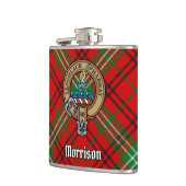 Clan Morrison Wappen über Red Tartan Flachmann (Links)