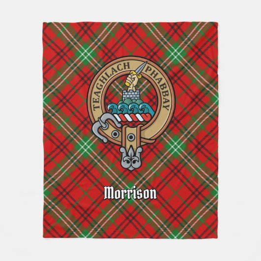 Clan Morrison Wappen über Red Tartan Fleecedecke (Vorderseite)