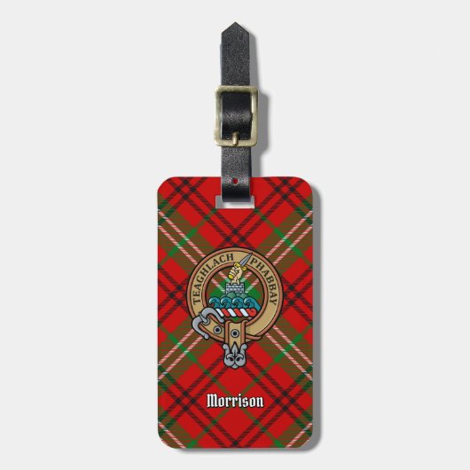 Clan Morrison Wappen über Red Tartan Gepäckanhänger (Vorderseite vertikal)