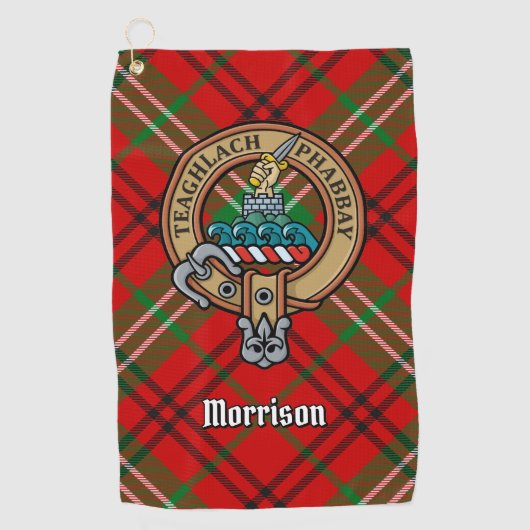 Clan Morrison Wappen über Red Tartan Golf Towel Golfhandtuch (Vorderseite)