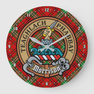 Clan Morrison Wappen über Red Tartan Große Wanduhr