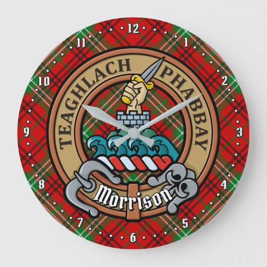 Clan Morrison Wappen über Red Tartan Große Wanduhr (Vorderseite)
