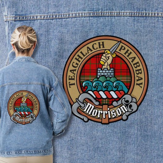 Clan Morrison Wappen über Red Tartan Jeansjacke