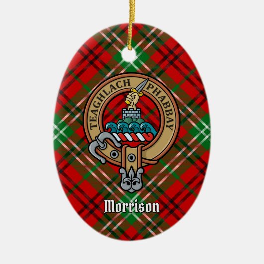 Clan Morrison Wappen über Red Tartan Keramik Ornament (Vorne)