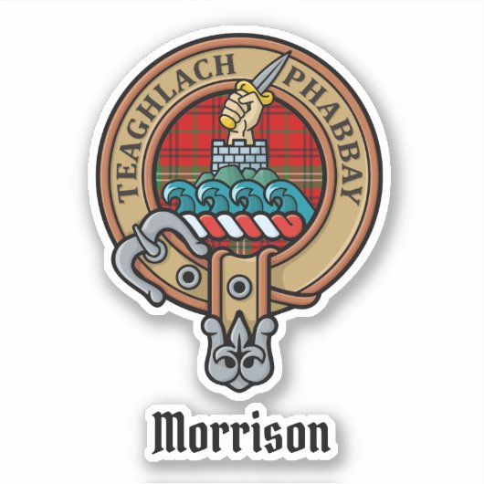 Clan Morrison Wappen über Red Tartan Sticker (Vorderseite)