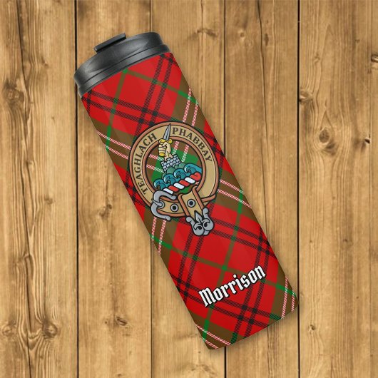Clan Morrison Wappen über Red Tartan Thermosbecher