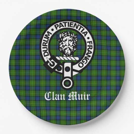Clan Muir Wappen Abzeichen und Tartan Pappteller (Vorderseite)
