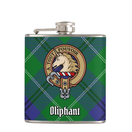 Clan Oliphant Wappen über Tartan Flachmann (Vorderseite)