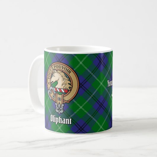 Clan Oliphant Wappen über Tartan Kaffeetasse (Vorderseite Links)