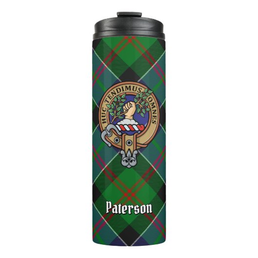 Clan Paterson Wappen über Tartan Thermosbecher (Vorderseite)