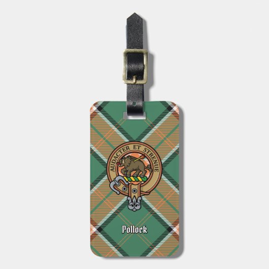 Clan Pollock Wappen über Tartan Gepäckanhänger (Vorderseite vertikal)