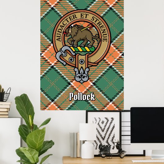 Clan Pollock Wappen über Tartan Poster (Heimbüro)
