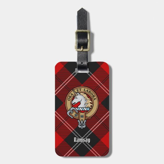 Clan Ramsay Wappen über Red Tartan Gepäckanhänger (Vorderseite vertikal)