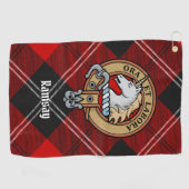 Clan Ramsay Wappen über Red Tartan Golfhandtuch (Horizontal)
