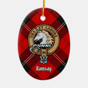 Clan Ramsay Wappen über Red Tartan Keramik Ornament