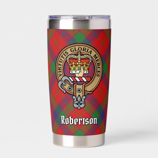 Clan Robertson Wappen über Tartan Thermobecher (Vorderseite)
